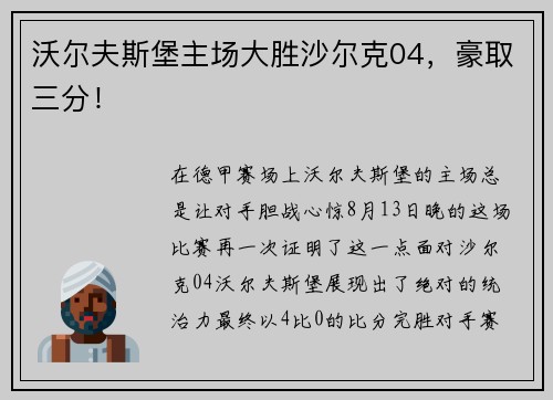沃尔夫斯堡主场大胜沙尔克04，豪取三分！